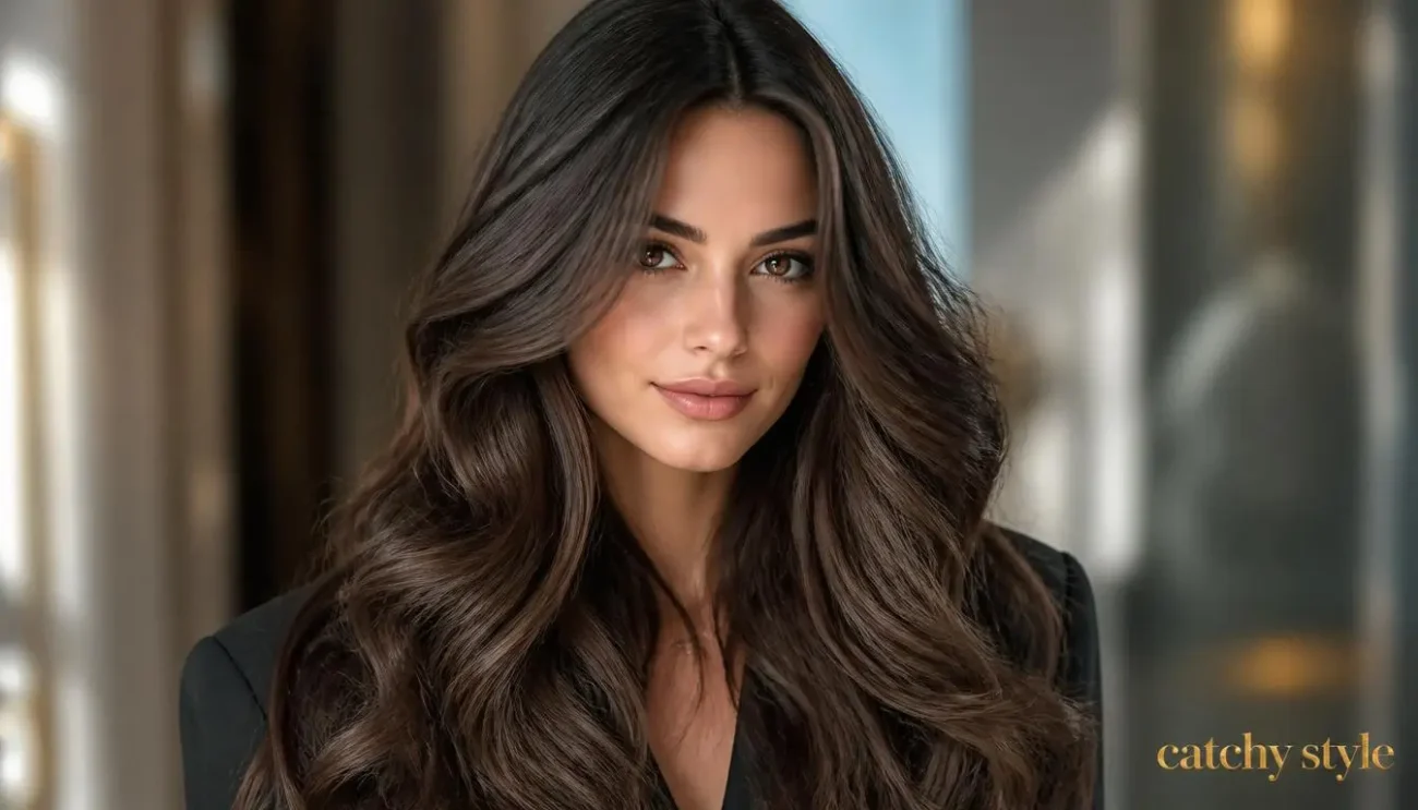 Luxurious Mocha Brown Hair Color with Natural Dimension Woman with glossy mocha brown hair and soft waves