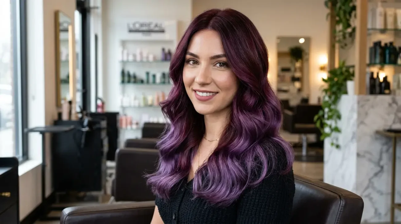 Modern Color Melt Blending Deep Burgundy and Plum Hair featuring a smooth plum-toned gradient effect