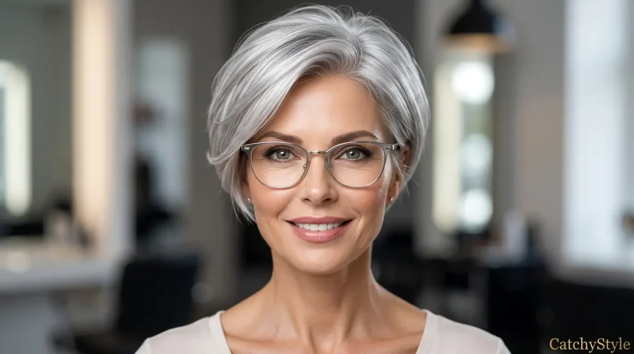 Woman over 50 with glasses and a chic silver pixie cut Silver Pixie Cut Hairstyles for Over 50 With Glasses