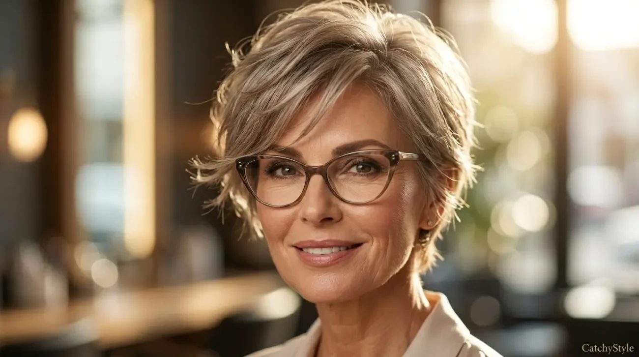 Woman over 50 with glasses and feathered pixie haircut