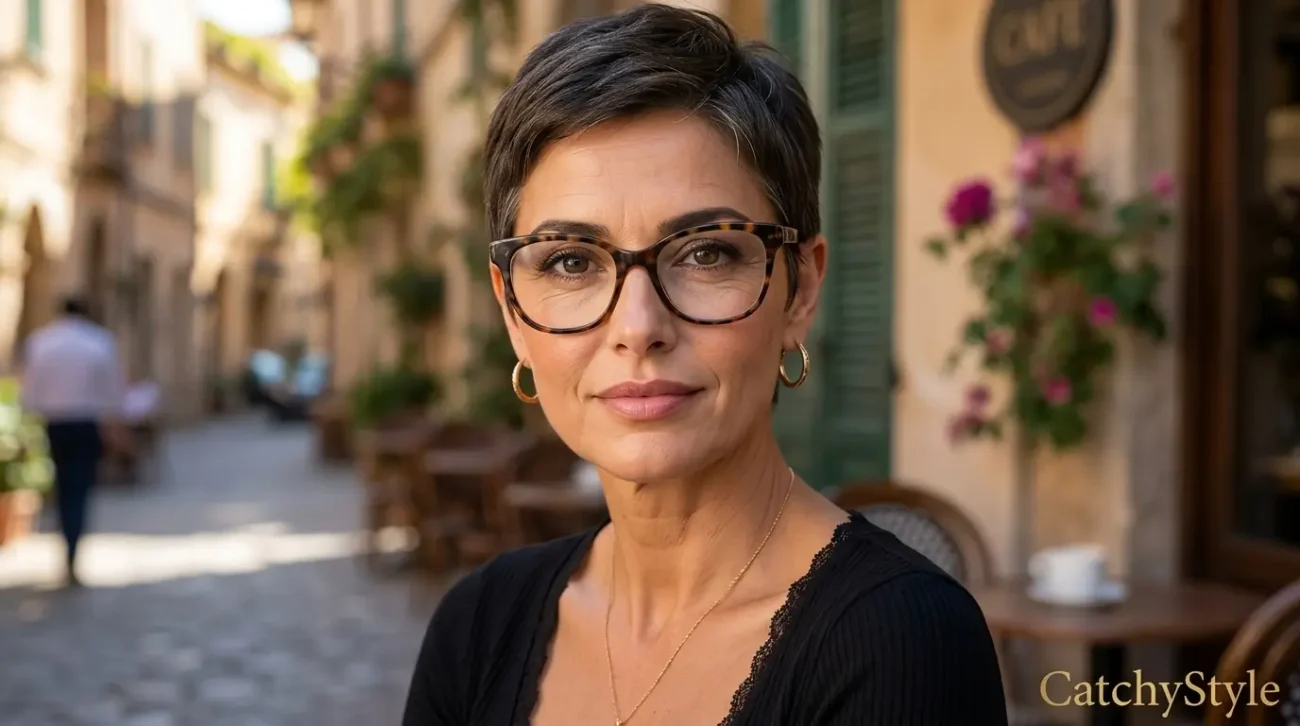 Woman over 50 with glasses and a very short pixie cut Very Short Edgy Hairstyles for Over 50 With Glasses