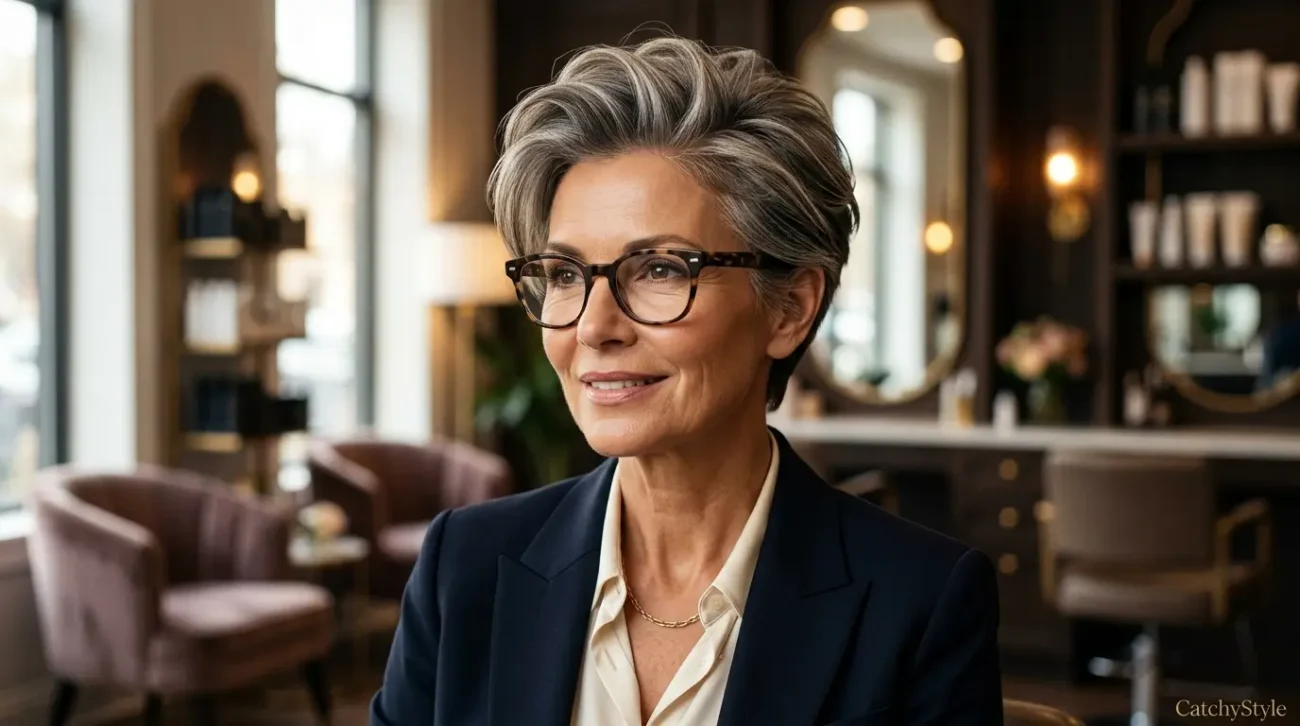 Voluminous Side-Part Pixie That Creates All-Day Fullness and Lift Elegant mature woman with a voluminous side-part pixie