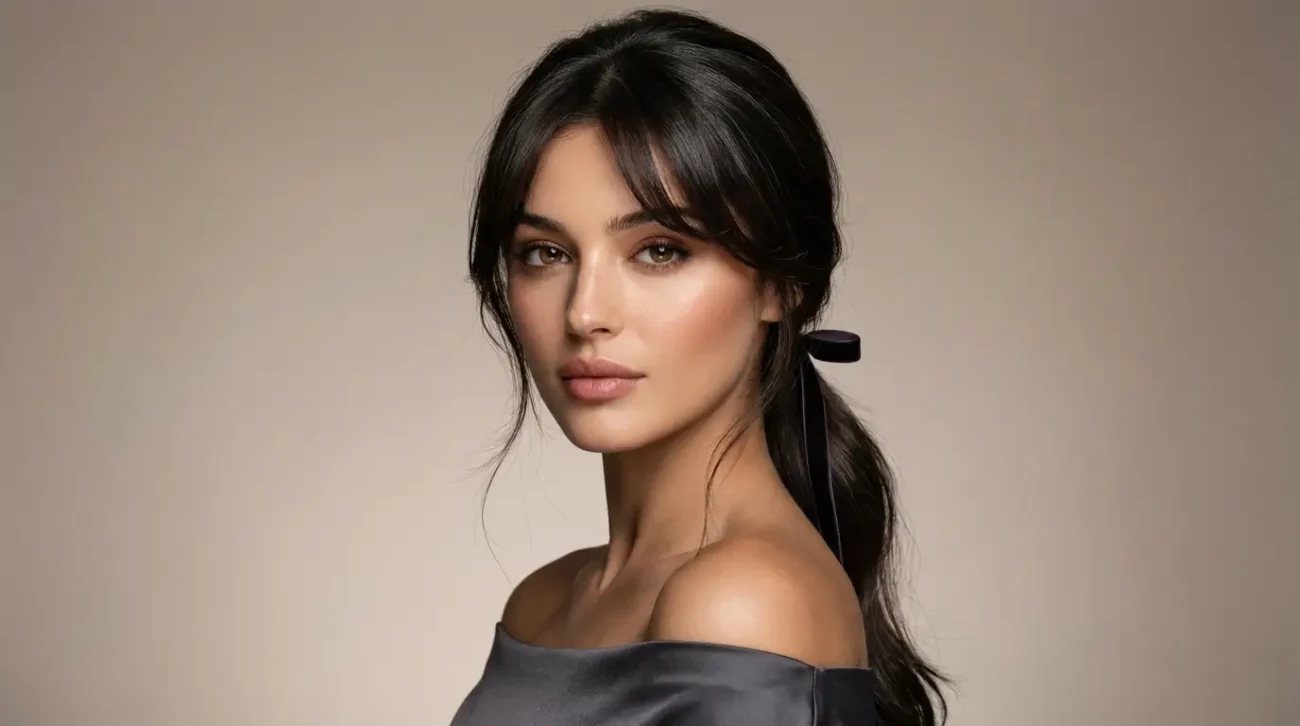 Elegant Low Ponytail With Curtain and Face-Framing Bangs Elegant low ponytail with soft face-framing bangs