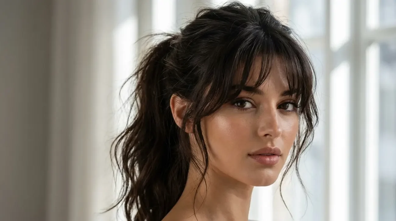 Messy Ponytail With Natural Texture for an Effortless Look Messy ponytail with natural texture and soft bangs