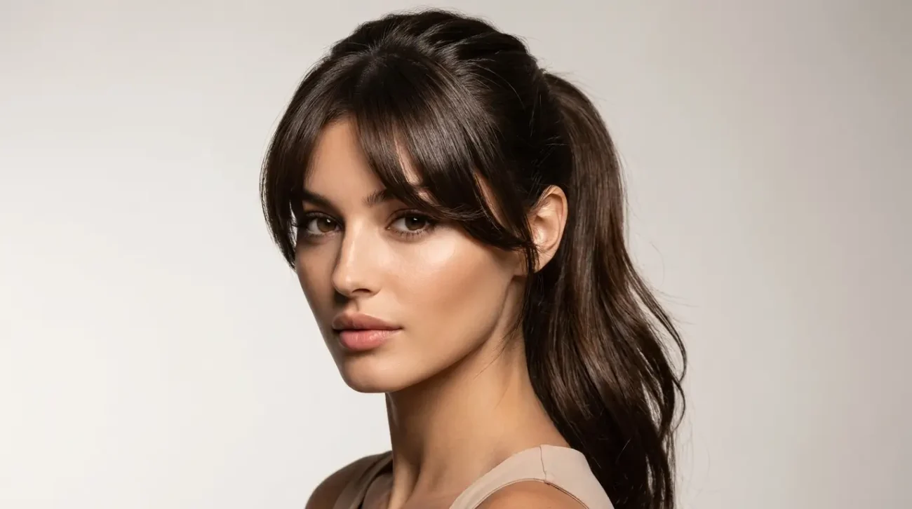Ponytail With Curtain Bangs for a Soft Natural Finish Ponytail With Curtain Bangs for soft face framing