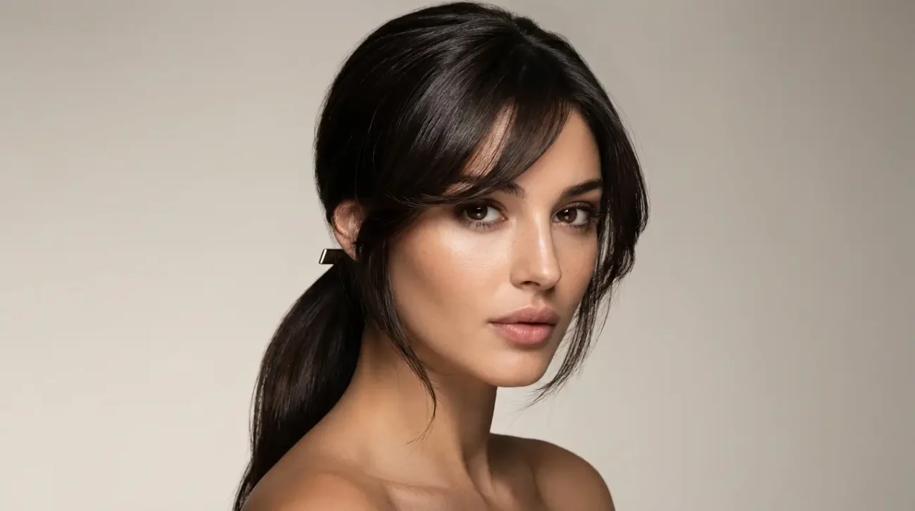 Ponytail With Side-Swept Bangs for Elegant Formal Looks Ponytail With Side-Swept Bangs and soft face framing