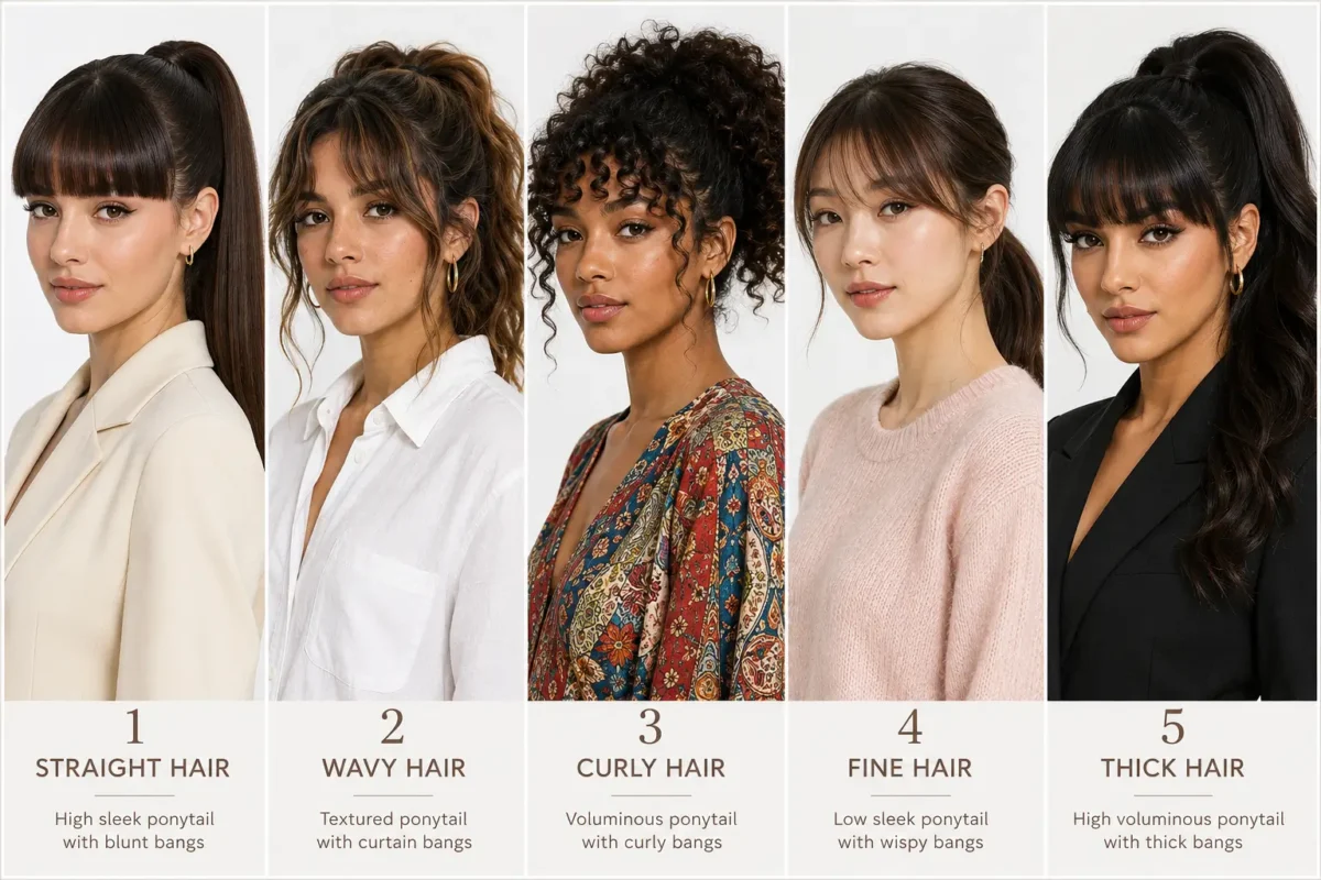 Five-style collage comparing ponytail with bangs hairstyles on different hair types