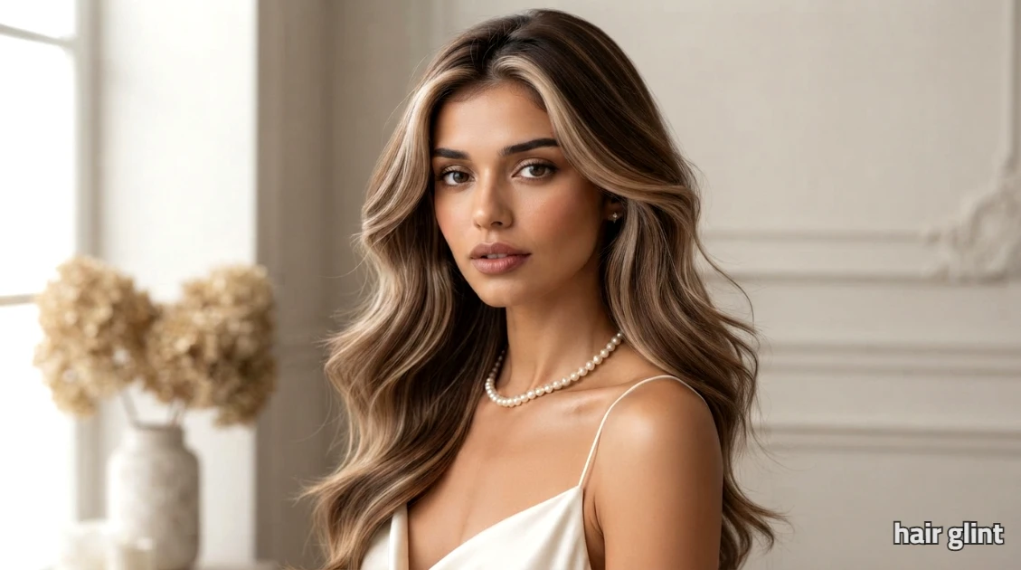 Brunette hair with lighter strands around the face