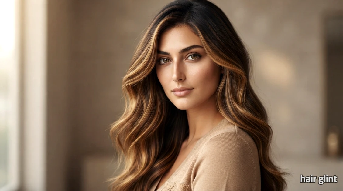 Warm Brunette Hair with Luminous, Blended Honey Highlights Brunette hair with blended honey-gold ribbons and shine