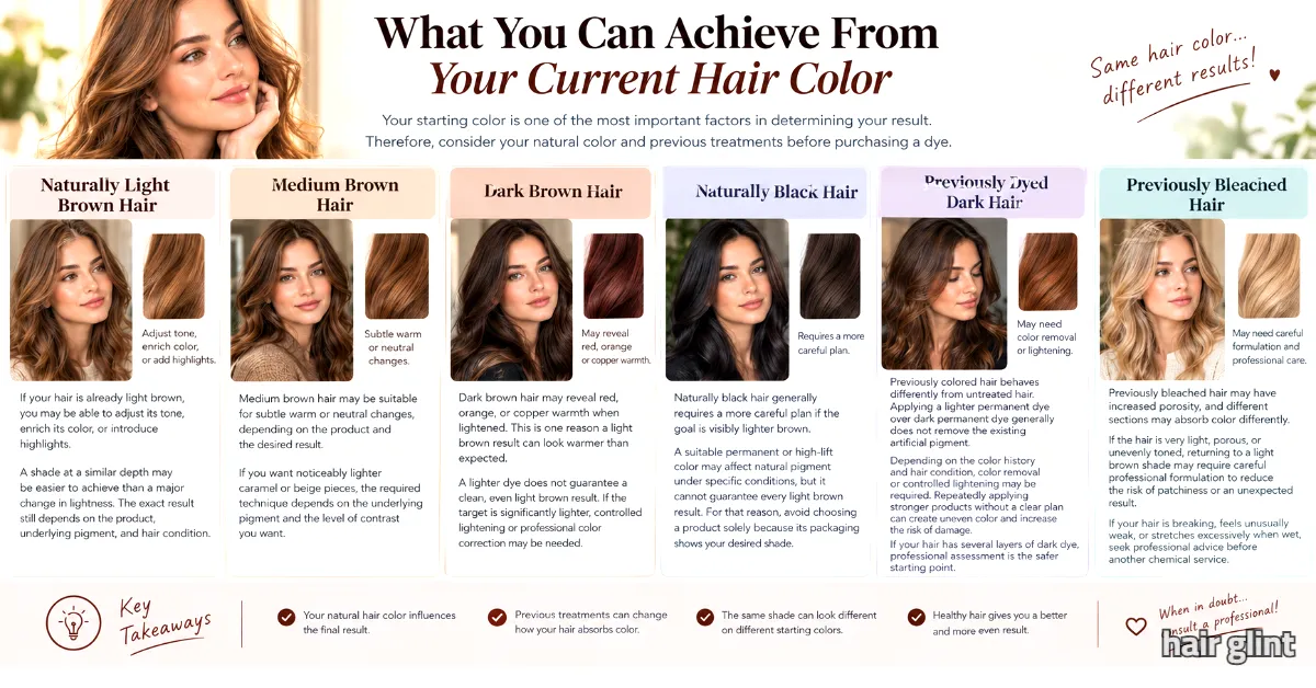 Six brunette shades showing different hair color histories
