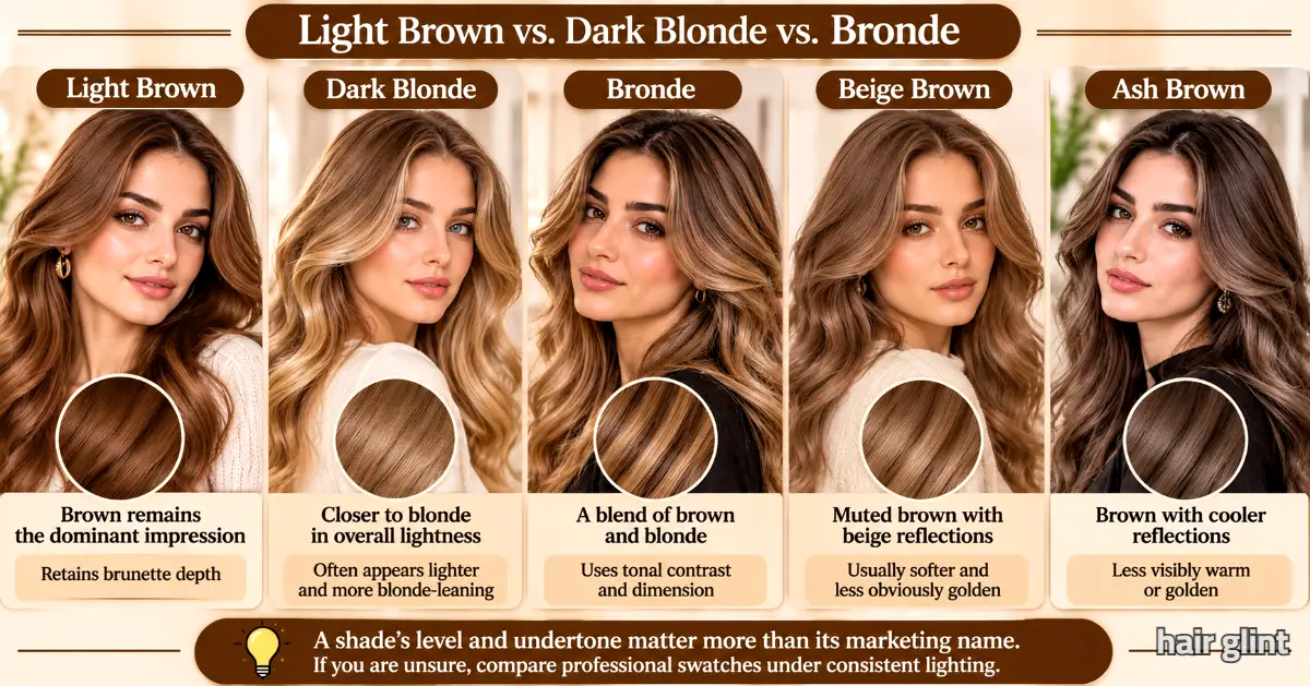 Comparing brunette, dark blonde, bronde, beige, and ash shades