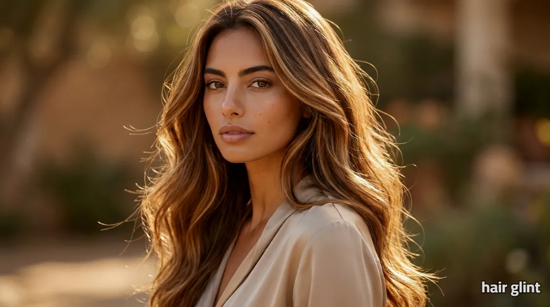Light brown hair color with honey tones on long waves