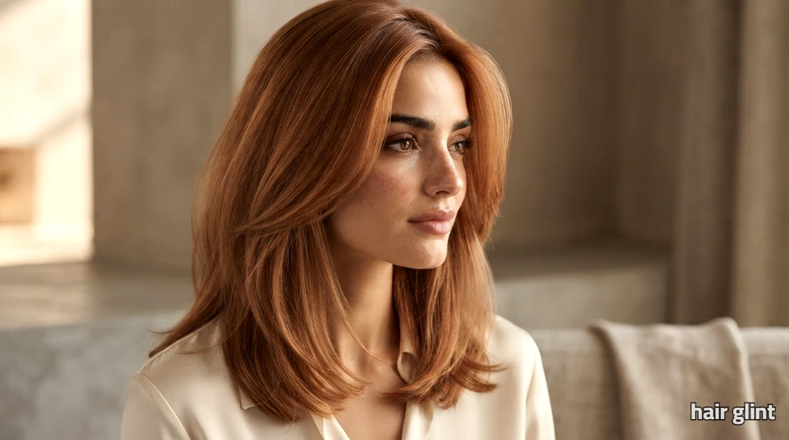 Warm brunette hair with soft copper and ginger highlights