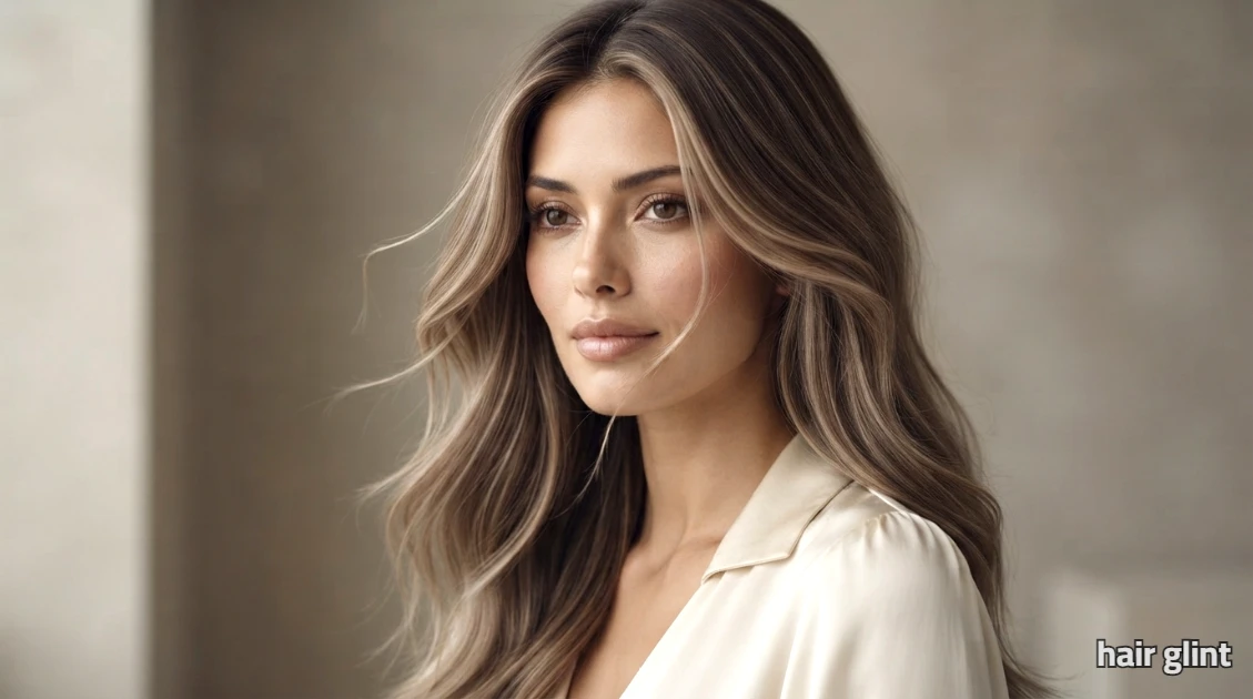 Brunette hair with blended beige highlights and soft waves